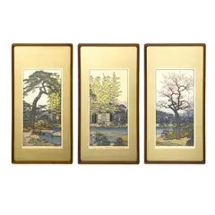 The Friendly Garden Triptych by Tōshi Yoshida, 1985, woodblock, sold Nov 2024