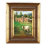Cow and Barn by Louise Pinto, Oil on canvas, sold Oct 2020
