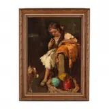 Young Girl with Cat by A. Ricciardi, Oil on canvas, sold Aug 2020
