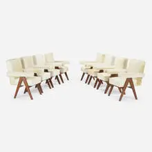 Committee armchairs from Chandigarh, set of eight by Pierre Jeanneret, c.1953-54, teak, hide, sold Mar 2022