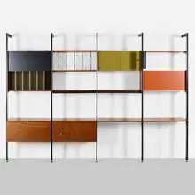 CSS (Comprehensive Shelving System) by George Nelson & Associates, 1959, walnut, enameled aluminum, aluminum, enameled steel, lacquered masonite, plastic, sold Mar 2022