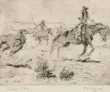 Busting a Steer by Elling William Gollings, Etching, sold Apr 2024