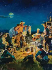 Campfire Serenade by Frank B. Hoffman, Oil on canvas mounted to board, sold Apr 2024