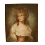 Portrait of a lady, half length, wearing white dress with pink sash by English School, late 18th Century Portrait of a lady, half length, wearing white dress with pink sash, pastel,, sold Nov 2011