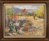 illustration of an artist surprised by a hunter by Anton Otto Fischer, oil on canvas, sold Jan 2013