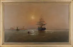seascape with an American frigate off the Delaware coast by Alexander C. Stuart, oil on canvas, sold Jan 2013