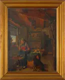 interior with a woman at her spinning wheel by Karl Altmann, oil on panel, sold Jan 2013