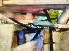 Untitled (Abstract Composition in Black, Blue, and Green) by Michael Loew, 1970, watercolor on paper, sold Jan 2025