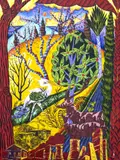 Untitled (Landscape with Deer and Egret) by Janet Cooling, 1996, oil on canvas over panel, sold Jan 2025