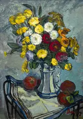 Still Life with Flowers and Apples by Albert Bela Bauer, oil on canvas, sold Feb 2025
