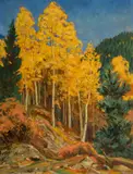 Fall Landscape by Ila Mae McAfee, oil on board, sold Nov 2024