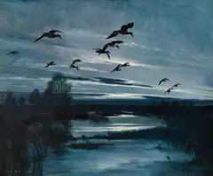 Mallards in the Evening by Peter Markham Scott, 1948, oil on canvas, sold Nov 2024