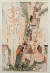 Nu debout et nus assis sous un arbre by Marcel Gromaire, 1966, Aquarelle sur traits d'encre, sold Jun 2015