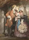 Couple d'élégants accoudés à une barrière by Eugène Lami, Mine de plomb et aquarelle, rehauts de gouache blanche, sold Mar 2017