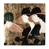 Three Ladies in Hats by Stephen White, Mixed media and gold leaf on panel, sold Jul 2020