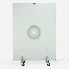 Stanton Mick illuminated room divider by Philippe Starck, 1979, frosted glass, chrome-plated steel, chrome-plated brass, plastic, sold Mar 2022