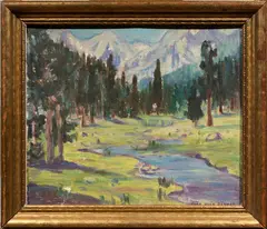 Landscape with Stream and Mountains by Sara Ethel Kolb Danner, oil on canvas board, sold Jul 2026