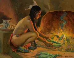 Pueblo Firelight – Roasting Corn by Eanger Irving Couse, 1929, oil on board, sold Nov 2025