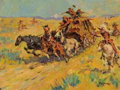 Attack on the Stage by Frank B. Hoffman, oil on canvas laid on board, sold Nov 2025