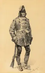 Winter Costume of the Police (ca. 1893) by Frederic Remington, pen and ink wash on paper, sold Nov 2025