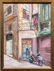 Street Scene with Woman in Red by Barbara Fracchia, oil on canvas, sold Aug 2026