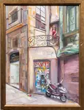 Street Scene with Woman in Red by Barbara Fracchia, oil on canvas, sold Aug 2026