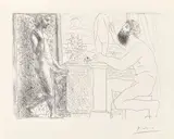 Sculpteur et son modèle devant une fenêtre - 31 mars 1933 by Pablo Picasso, Eau-forte en noir imprimée sur Vergé de Montval filigrané, sold Nov 2023