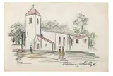 Eglise de Saint Bernard, Ain by Maurice Utrillo, circa 1933, Crayons de couleur sur papier, sold Dec 2023