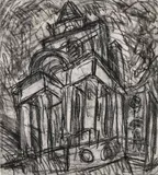 Église du Christ Spitafields by Leon Kossof, 1987, Fusain sur papier, sold Dec 2023