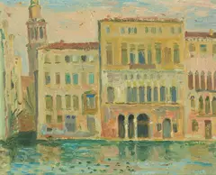 Ca da Mosto fra Erberia ved Rialto, Canal Grande by Willi Midelfart, 1956, Olje på plate, sold Oct 2026