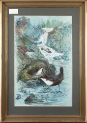 Nesting warblers by a rocky stream by Spencer Roberts, and another similar work by the same hand, thrushes amidst blossom. (2), sold Oct 2011