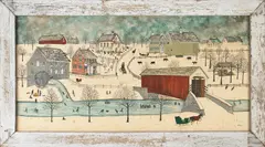 winter landscape with a schoolhouse by Dolores Hackenberger, oil on canvas, sold Dec 2012