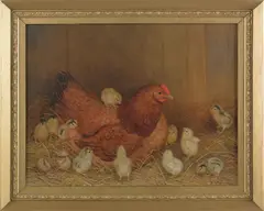 of a hen and chicks by Ben Austrian, oil on canvas, sold Oct 2012
