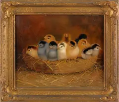 of ten chicks in a basket by Ben Austrian, oil on panel, sold Oct 2012