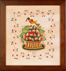 theorem of a strawberry basket with a bird by William Rank, oil on velvet, sold Jun 2012