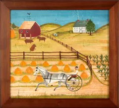 theorem of a farm scene with a sulky rider by William Rank, oil on velvet, sold Jun 2012
