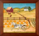 theorem of a farm scene with a sulky rider by William Rank, oil on velvet, sold Jun 2012