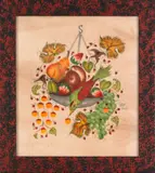 theorem of a hanging fruit basket with a bird by William Rank, oil on velvet, sold Jun 2012