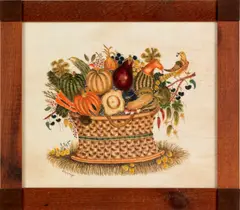 theorem of a fruit and vegetable basket with a bird by David Y. Ellinger, oil on velvet, sold Jun 2012