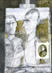 Artist with Brother and Unknown Family Member by William Thomson, graphite and paint on paper, sold Mar 2025