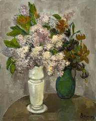 Untitled (Still Life with Lilacs) by Albert Bela Bauer, oil on canvas board, sold Apr 2025