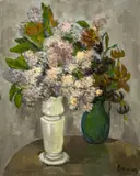 Untitled (Still Life with Lilacs) by Albert Bela Bauer, oil on canvas board, sold Apr 2025