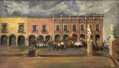 Untitled (Town Square) by Albert Bela Bauer, 1975, oil on canvas, sold Apr 2025
