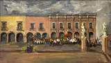 Untitled (Town Square) by Albert Bela Bauer, 1975, oil on canvas, sold Apr 2025