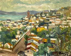 Untitled (Tropical Town) by Albert Bela Bauer, 1973, oil on canvas board, sold Apr 2025