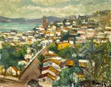 Untitled (Tropical Town) by Albert Bela Bauer, 1973, oil on canvas board, sold Apr 2025