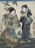 Actors Matsumoto Kōshirō VI as Hori Fusatsugu and Sawamura Chōjūrō V as Tsubone Iwafuji by Utagawa Kuniyoshi, 1846/48, woodcut, sold Apr 2025