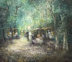 Garden Party by Willi Bauer, oil on canvas (unstretched), sold Apr 2025