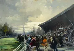 At the Races by Claudio Simonetti, oil on canvas (unstretched), sold Apr 2025