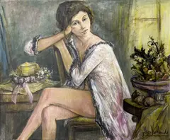 Untitled (Woman in Dressing Gown) by Jacques Lalande, oil on canvas, sold Apr 2025